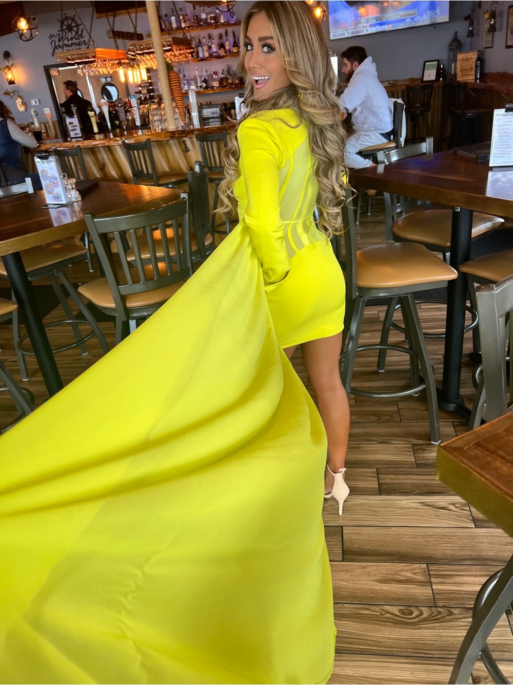 Yellow Long-Train Mini Dress - Women's Elegant Evening Dress - Picture 1 of 6